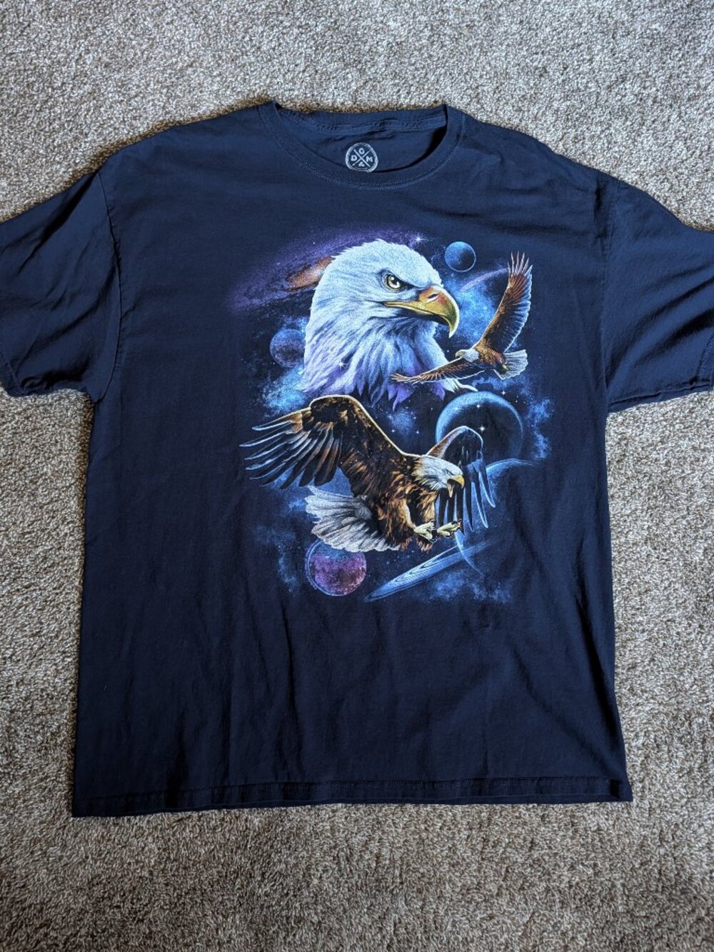 DOM Galaxy and Bald Eagle Short Sleeve Size XL Blue Nature/Space Shirt